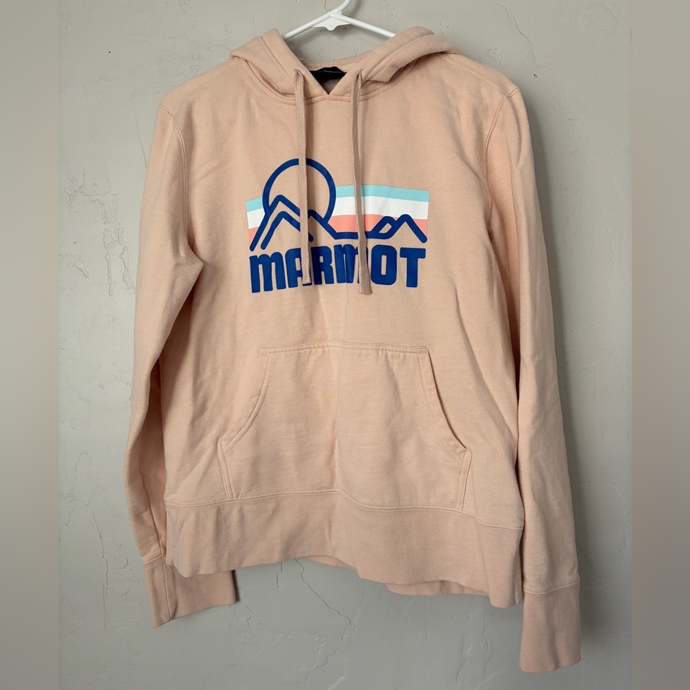 Marmot Light Pink Hoodie with Blue Graphic